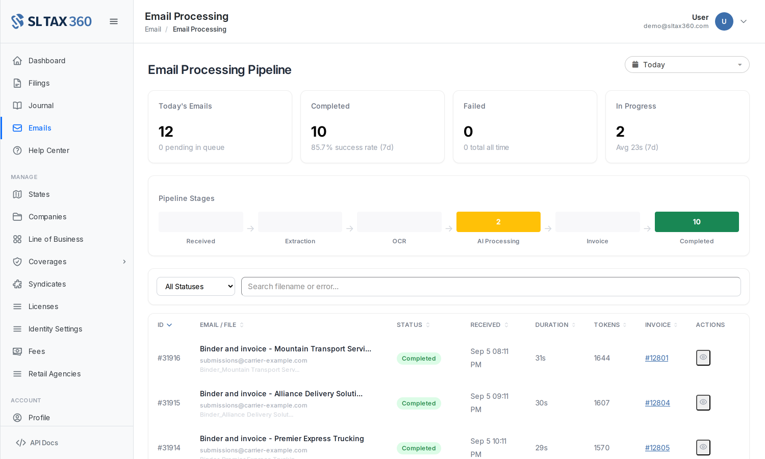 Email processing pipeline: emailed carrier documents moving through extraction, OCR, AI processing and invoice creation