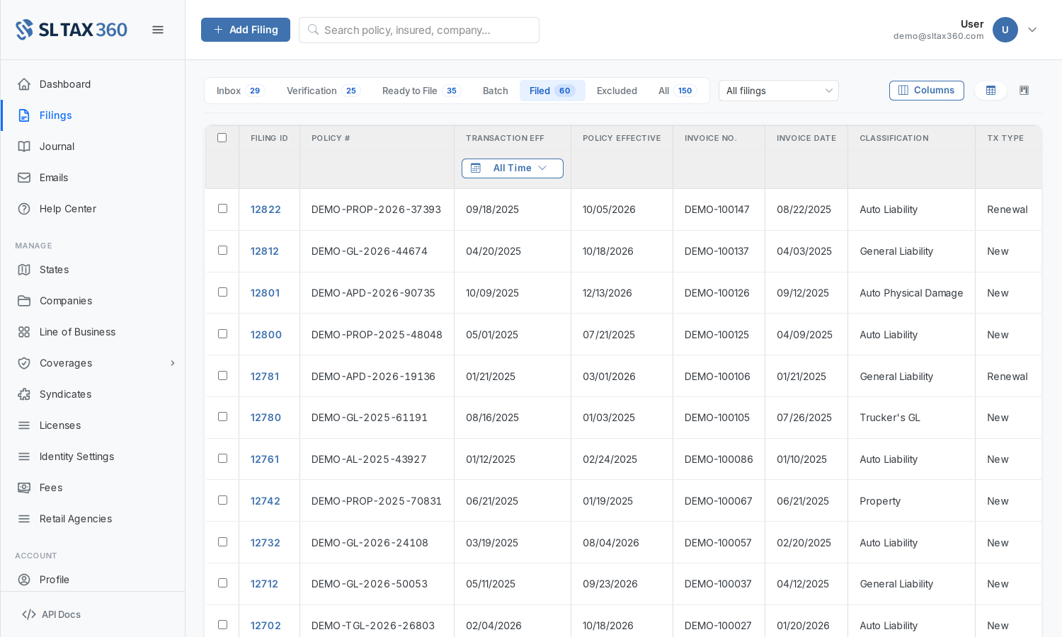 SLTax360 filings list: the Filed tab with confirmed state filings